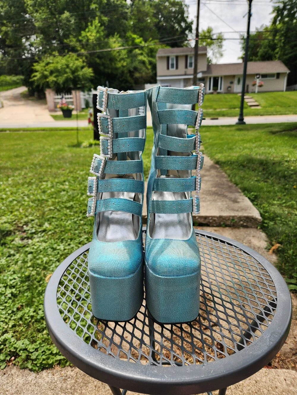 Blue Platform Strappy High Heel Pumps